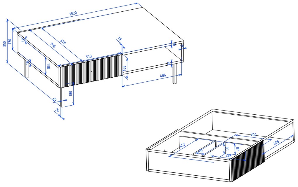 Salontafel VIENNA 2S Wit mat/goud - TAFEL MET LADEN EN GERIBBELDE VOORPANELEN