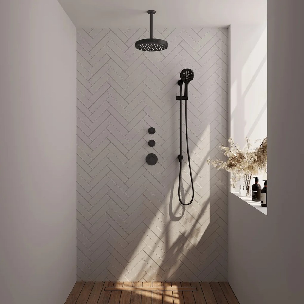 Brauer Stripe inbouw regendouche met 25cm hoofddouche, plafondarm en 3 standen handdouche en glijstang set 12 zwart mat