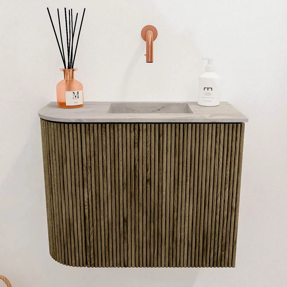 Mondiaz Joya DLux 50cm toiletmeubel ronding links dusk met wastafel faye rechts zonder kraangat glace