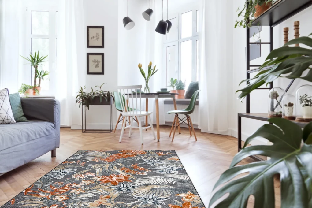 Tapijt Structural BOTANIC 65262 bloemen, plat geweven op het balkon, terras - zwart