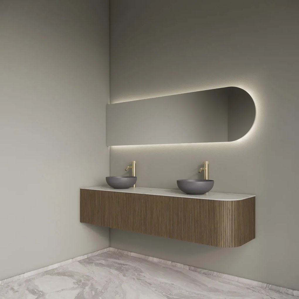 Gliss Design Alluro badmeubel ribbelfront met ronding rechts 180cm ash grey en wit marmer toppaneel