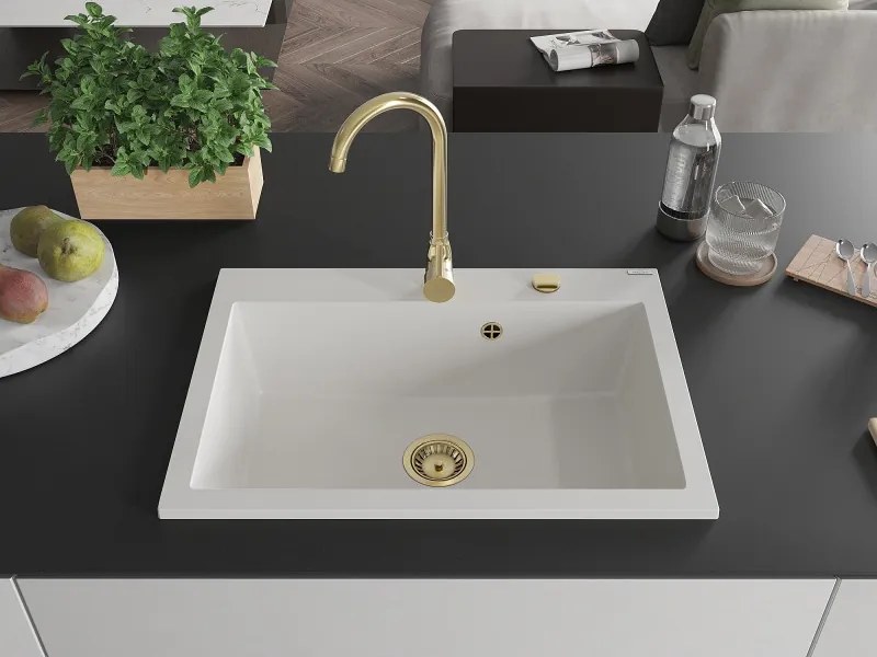 Mexen Elix granieten spoelbak 1-komerig 700 x 500 mm, wit, gouden sifon - 6526701005-20-G