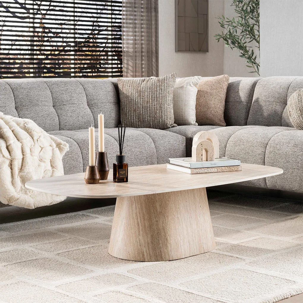 Ovale Salontafel Travertin - 135 X 70cm.
