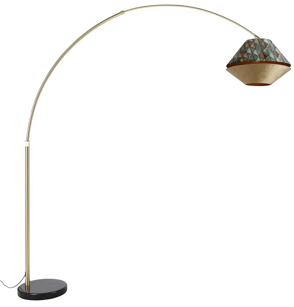 Booglamp messing met dubbele velours kap blad dessin en beige - XXL Klassiek / Antiek, Modern E27 rond Binnenverlichting Lamp