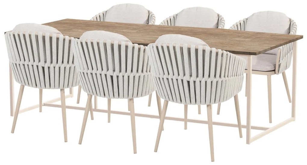 Taste by 4 Seasons Outdoor Eva tuinset latte met Quatro tafel met Robusto teak blad 220 cm SALE Tuinset beige weerbestendig