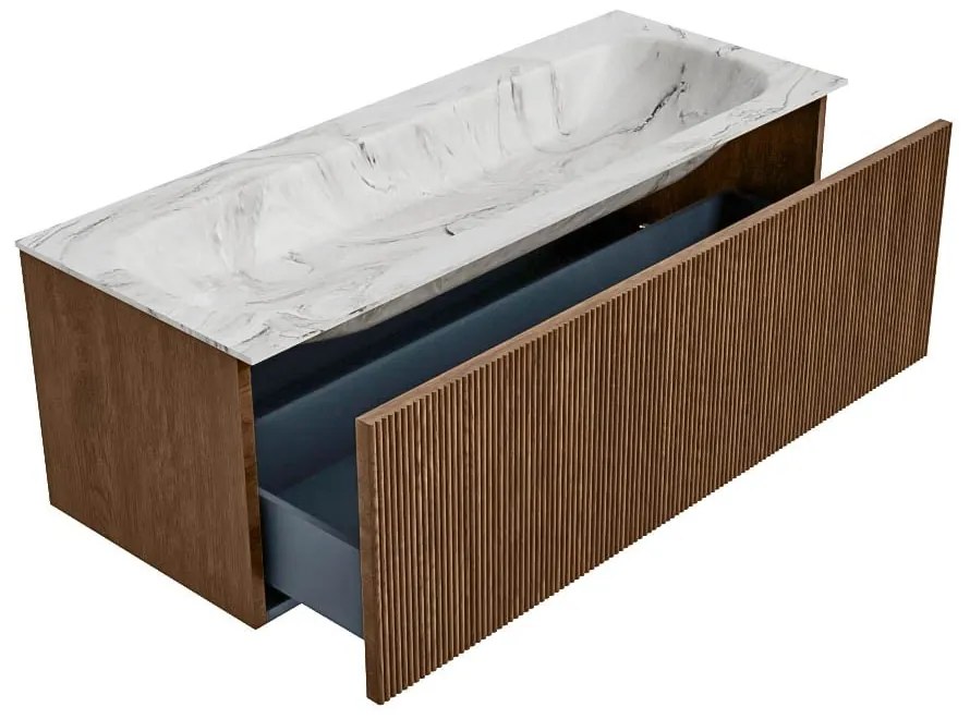 Mondiaz Kurve-dlux 120cm badmeubel walnut met 1 lade en wastafel big large midden zonder kraangat glace