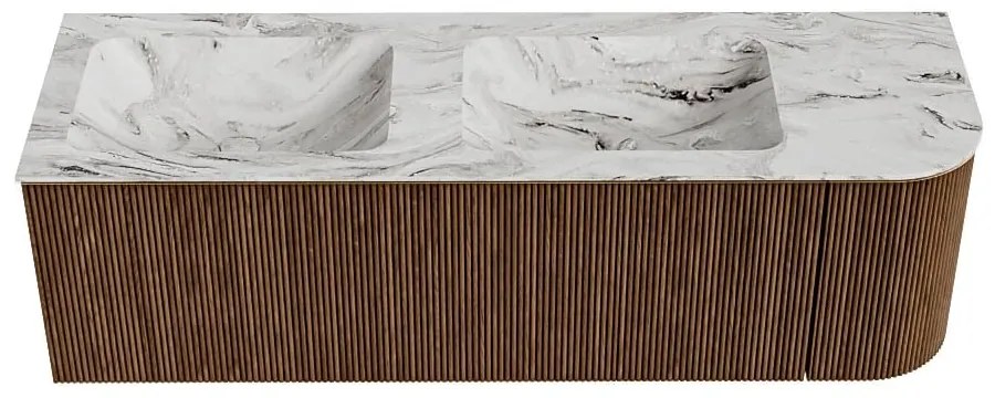 Mondiaz Kurve-dlux 145cm badmeubel ronding rechts walnut met 1 lade en deur en wastafel leaf dubbel/links zonder kraangat glace