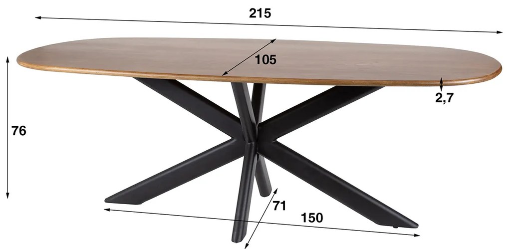 Ovale Eettafel Mangohout Zandkleur 215 Cm - 215 X 105cm.