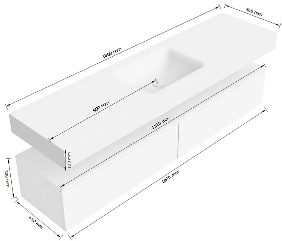 Zaro Alan badmeubel 180cm urban 2 lades met vrijhangende wastafel cloud midden 1 kraangat talc