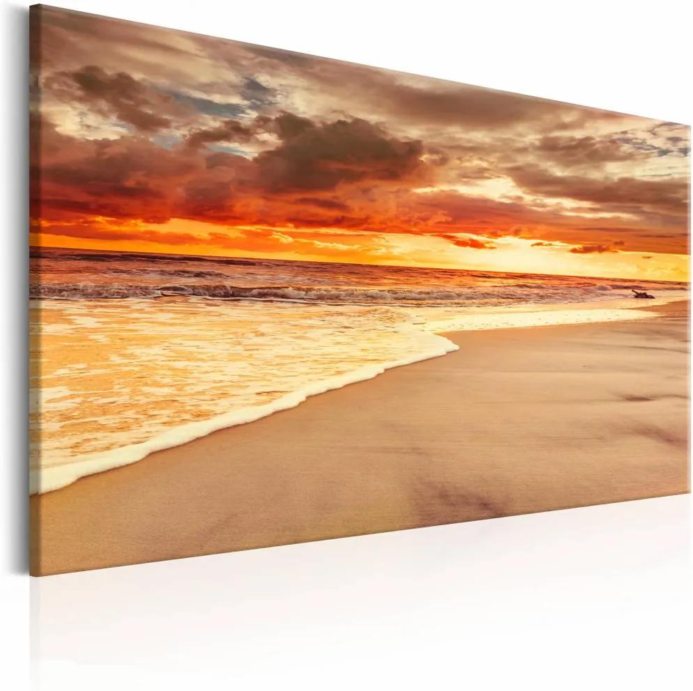 Schilderij - Prachtige zonsondergang  , oranje   , strand