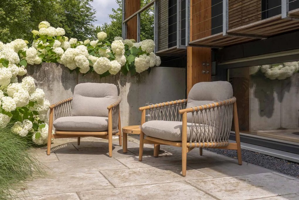 4 Seasons Outdoor Nora bistroset naturel teak met Finn tafel Ø 60 cm * Sale * Loungeset beige weerbestendig
