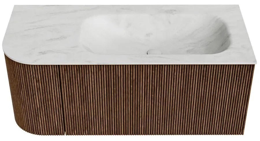 Mondiaz Kurve-dlux 105cm badmeubel ronding links walnut met 1 lade en deur en wastafel big small rechts zonder kraangat opalo