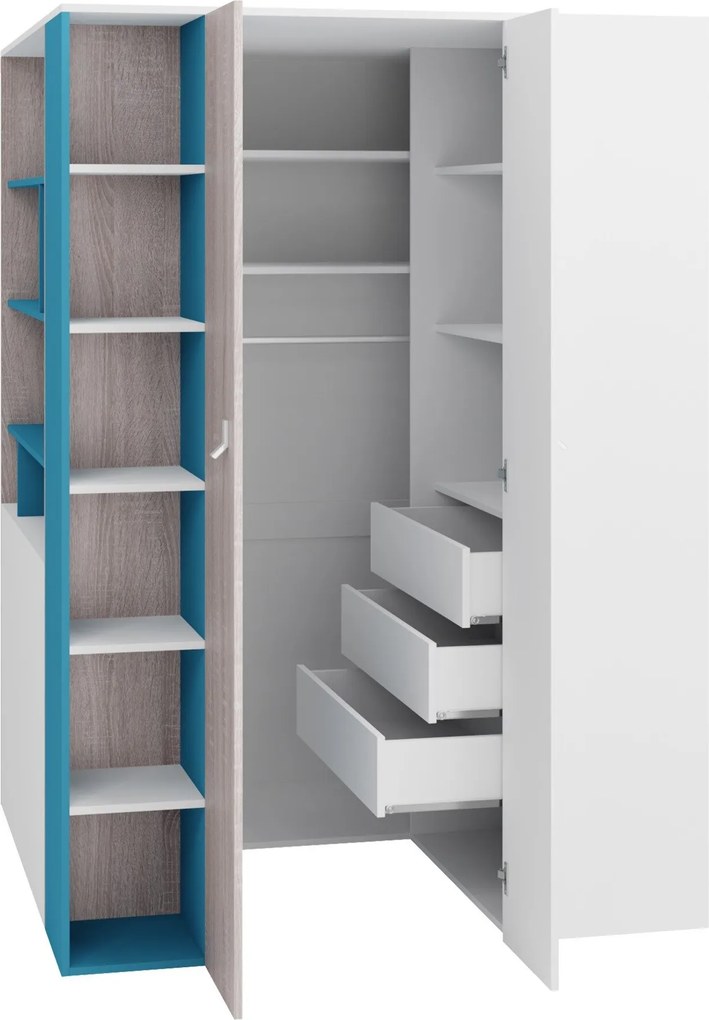 Hoekkledingkast Camteso 113, Eiken, Wit, Turquoise, 190x135x135cm, 187 kg, Kledingkast deuren: Met scharnieren, Aantal planken: 12, Aantal planken: 12