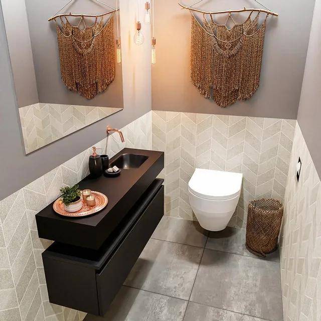 MONDIAZ ANDOR Toiletmeubel - 100x30x30cm - 0 kraangaten - 1 lades - urban mat - wasbak rechts - Solid surface - Zwart FK75343500
