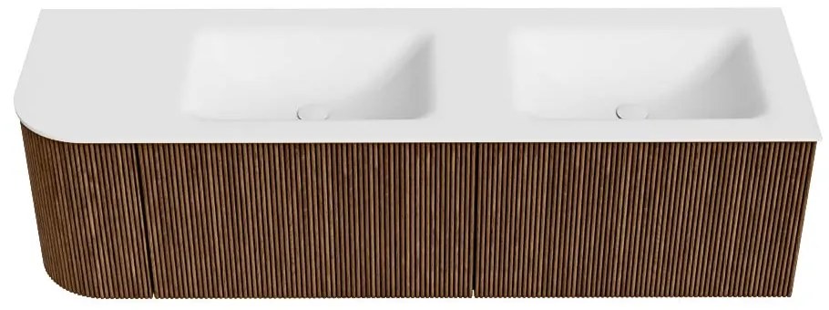 Mondiaz Kurve 155cm badmeubel ronding links walnut met 2 lades en 1 deur en wastafel cloud dubbel/rechts zonder kraangat