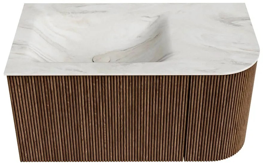 Mondiaz Kurve-dlux 85cm badmeubel ronding rechts walnut met 1 lade en deur en wastafel cloud kraangat links ostra