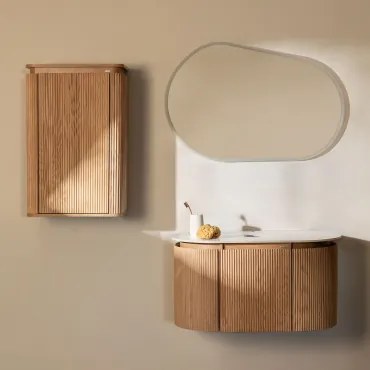 Carsone Houten Badkamermeubelset Natuurlijk Hout & Natuurlijk Hout & Without Sink & Ovaal Led En Anticondens 100x80 Cm Meunier & Zonder Kraan - Sklum