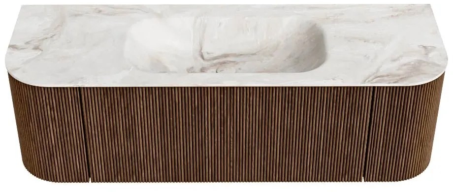 Mondiaz Kurve-dlux 140cm badmeubel ronding links/rechts walnut met 1 lade en 2 deuren en wastafel big small midden 1 kraangat frappe