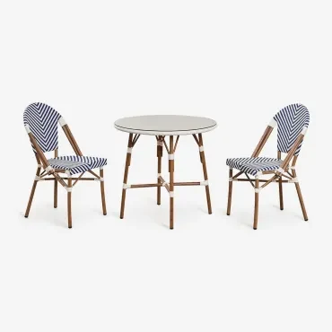 Brielle Bistro Ronde Tafelset, Ø80 Cm, En Twee Stapelbare Tuinstoelen Van Aluminium En Synthetisch Rotan. Ken Blauw - Gardenia Wit - Sklum