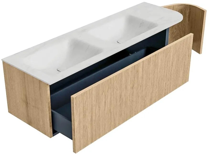 Mondiaz Kurve-dlux 145cm badmeubel ronding rechts oak met 1 lade en deur en wastafel leaf dubbel/links 2 kraangaten opalo