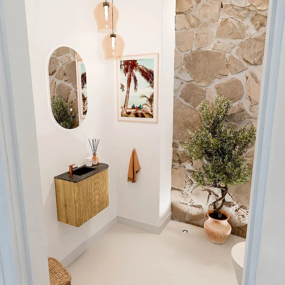 Mondiaz Joya DLux 50cm toiletmeubel ronding rechts oak met wastafel faye links 1 kraangat lava