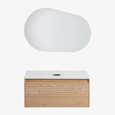 Tedrik Badkamermeubelset In Essenhout Ash Brown & Without Sink & Ovaal Led En Anticondens 100x65 Cm Meunier & Zonder Kraan - Sklum