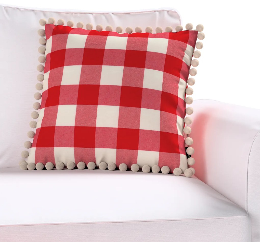 Dekoria Kussenhoes Wera met pompons, wit-rood ruit 45 x 45 cm