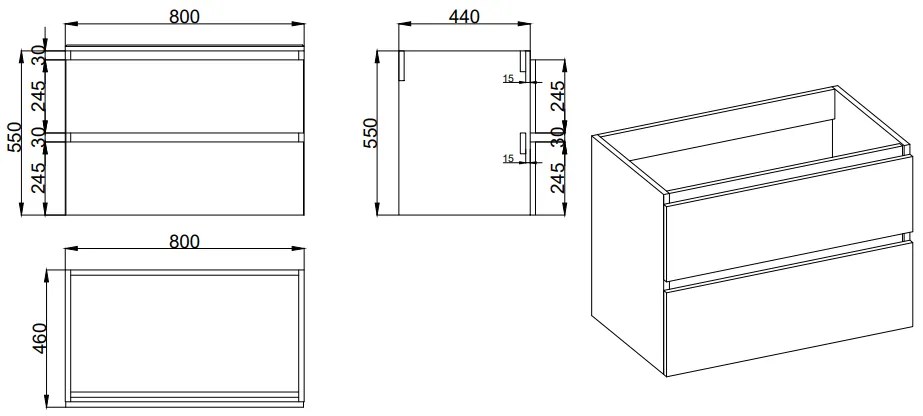 Fontana Elena badkamermeubel 80cm zwart met solid surface wastafel zonder kraangat