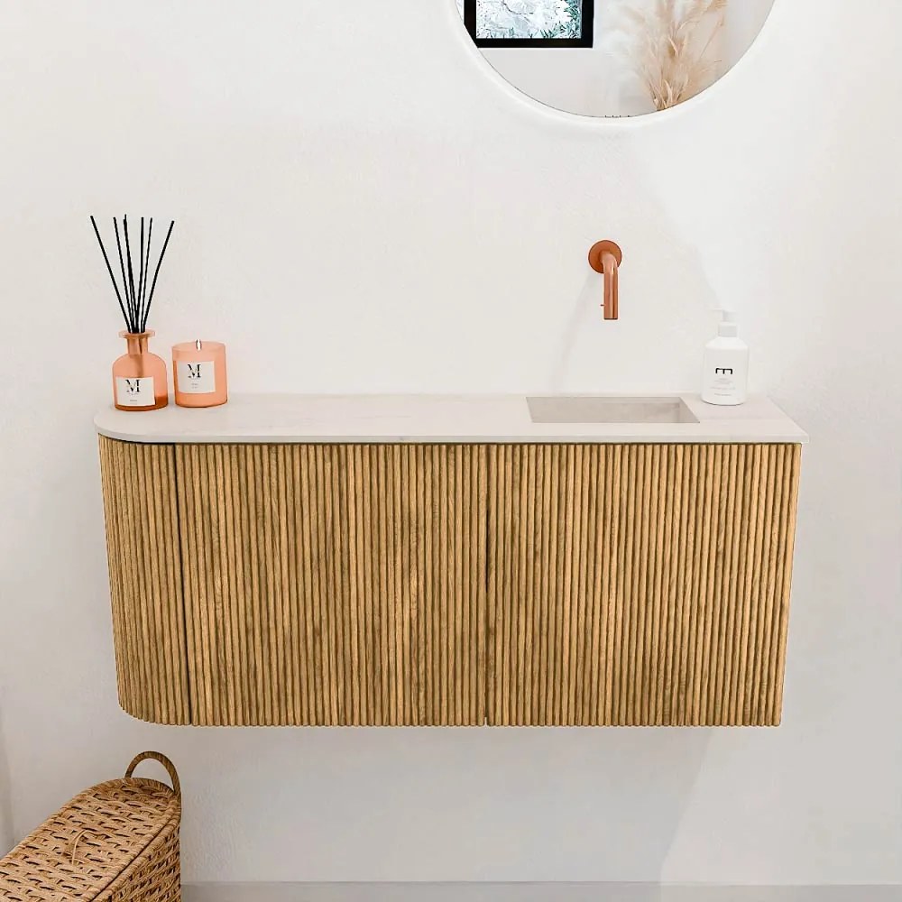 Mondiaz Joya DLux 90cm toiletmeubel ronding links oak met wastafel faye rechts zonder kraangat meli