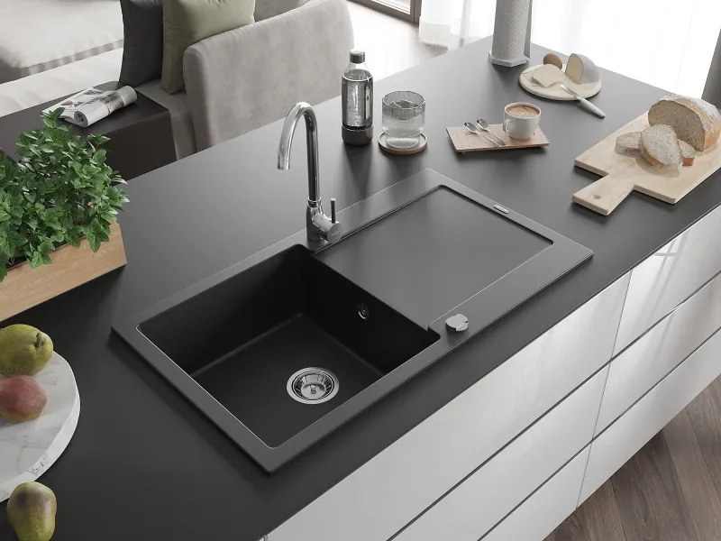 Mexen Leo granitstenen spoelbak met 1 bak en afdruiprek 900 x 500 mm, zwart, chromen sifon - 6501901010-77
