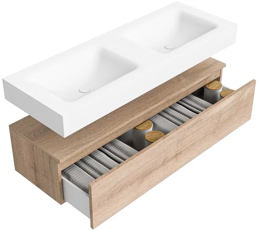 Zaro Alan badmeubel 130cm washed oak 1 lade met vrijhangende wastafel cloud dubbel zonder kraangat talc