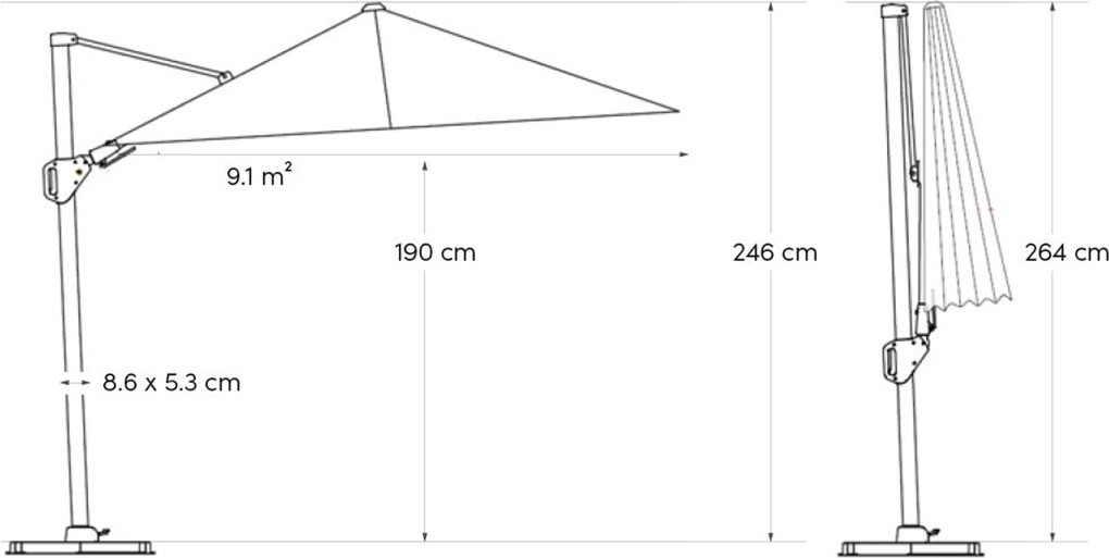 Platinum Challenger zweefparasol 3.5x2.6 m T2 (excl. voet) Licht grijs