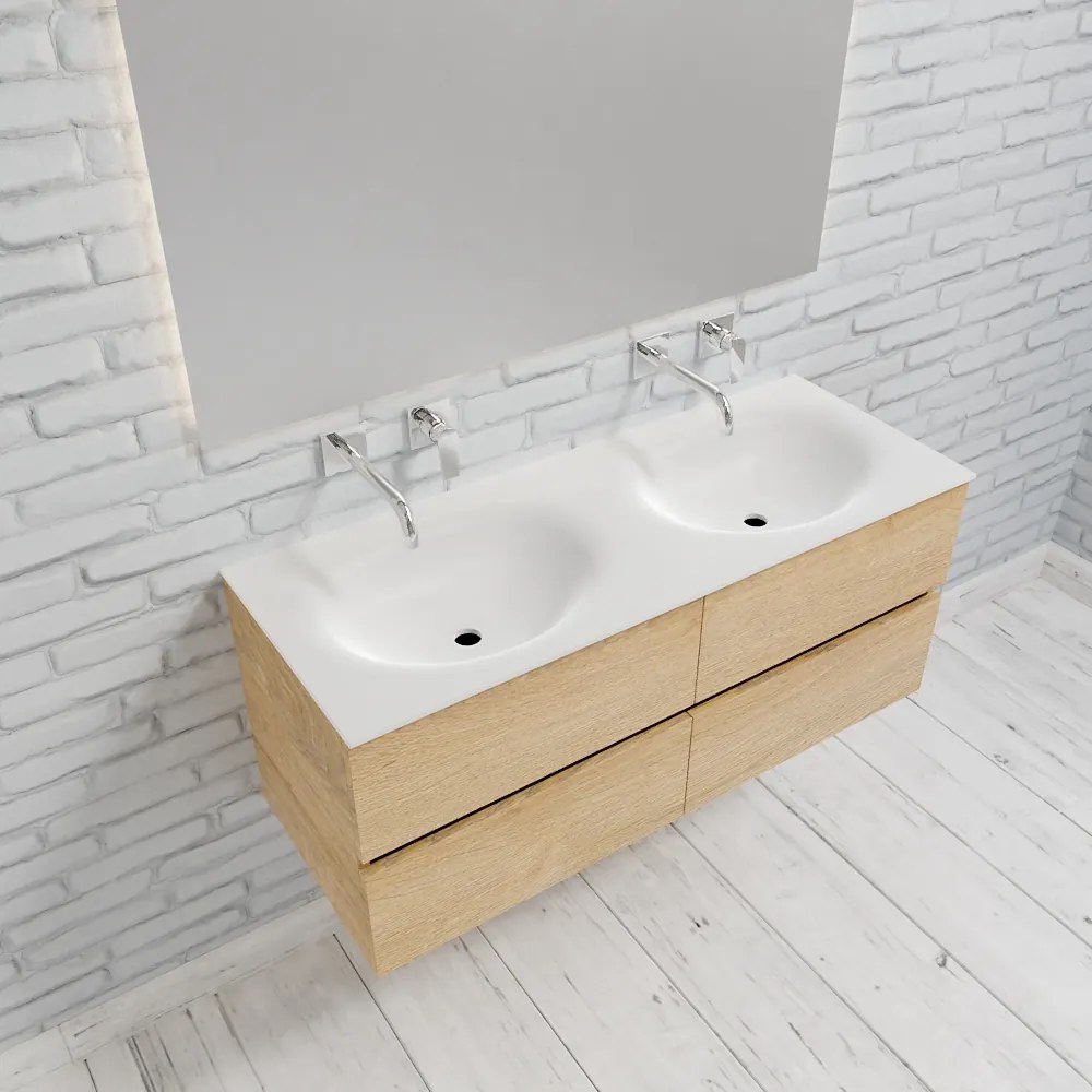 Zaro Sevilla Solid Surface badmeubel 120cm licht eiken zonder kraangat dubbele spoelbak met 4 lades