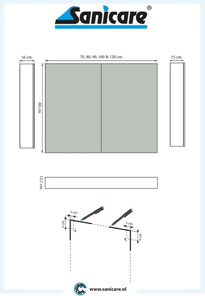 Sanicare Spiegelkast Qlassics Ambiance 80 cm. 2 dubbelzijdige spiegeldeuren Belluno-eiken