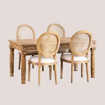 Rechthoekige Mangohouten Tafelset Taraz (160x90 Cm) En 4 Stoffen Eetkamerstoelen Sunna Bruin – Natuurlijk Hout - Sklum