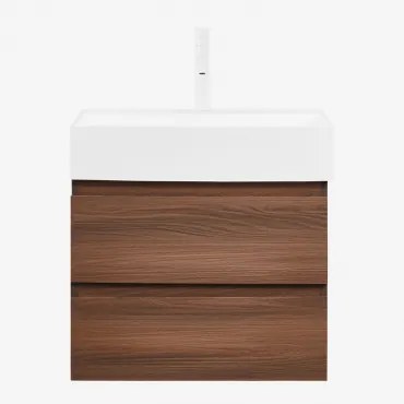Ona Zwevend Badkamermeubelset Van Hout En Essenfineer Met Geïntegreerde Wastafel Spiegelloze & Wit ↑20 Cm Met Aftapkraan Zonder Overloop Orveta & Donk