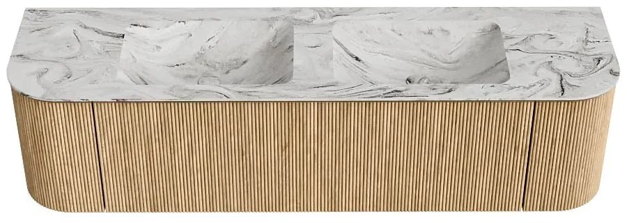 Mondiaz Kurve-dlux 170cm badmeubel ronding links/rechts oak met 1 lade en 2 deuren en wastafel leaf dubbel 2 kraangaten glace