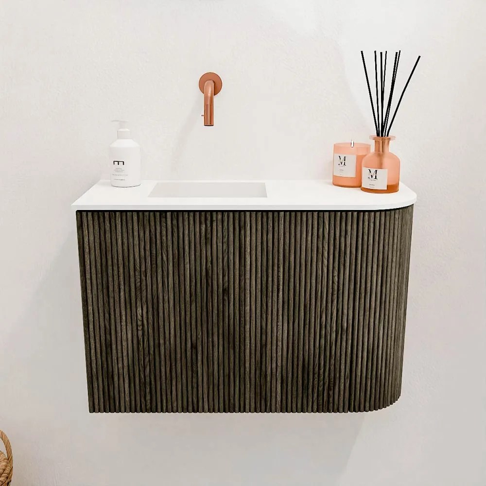Mondiaz Joya 60cm toiletmeubel ronding rechts shadow met wastafel faye links zonder kraangat talc