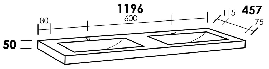 Sanituba Corestone dubbele wastafel basalt met twee kraangaten 120cm