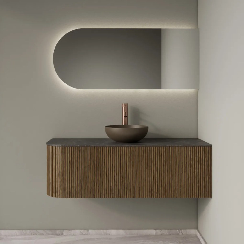 Gliss Design Alluro badmeubel ribbelfront met ronding links 120cm castle brown en zwart leisteen toppaneel
