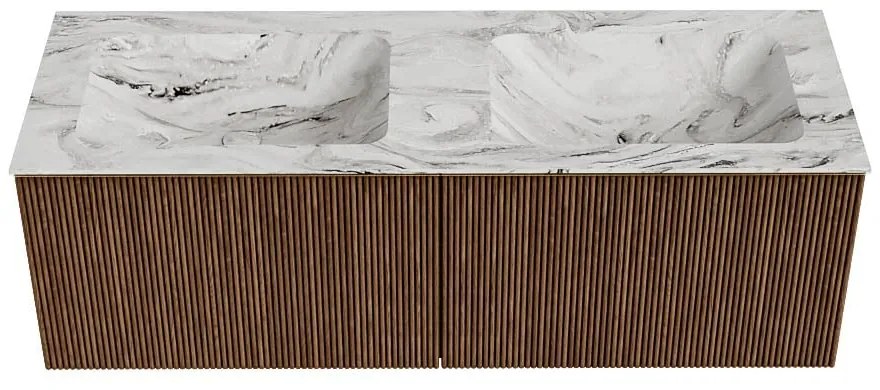 Mondiaz Kurve-dlux 130cm badmeubel walnut met 2 lades en wastafel leaf dubbel 2 kraangaten glace