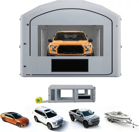 VEVOR Opblaasbare Spuitcabine 9x4,8x3,6 m Spuitcabine Grijs, met 750W &amp; 950W Blowers, Actieve Koolstoffiltratie, Kleedruimte, PVC Ramen voor Pick-ups &amp; Kleine Speedboten, Draagbaar