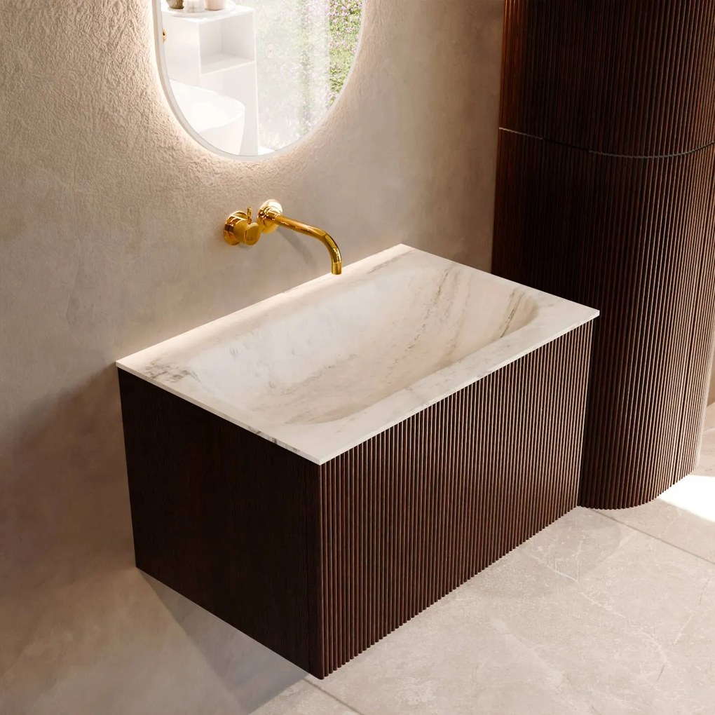 Mondiaz Kurve-dlux 70cm badmeubel ruby met 1 lade en wastafel big small midden zonder kraangat opalo