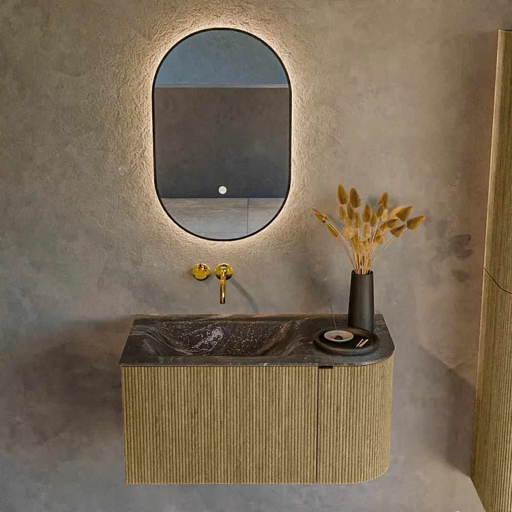 Mondiaz Kurve-dlux 85cm badmeubel ronding rechts dusk met 1 lade en deur en wastafel cloud links zonder kraangat lava