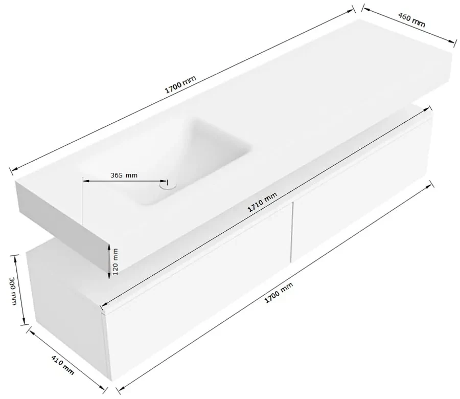 Zaro Alan badmeubel 170cm sand 2 lades met vrijhangende wastafel cloud links zonder kraangat urban