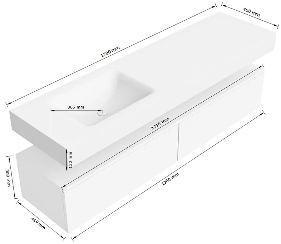 Zaro Alan badmeubel 170cm talc 2 lades met vrijhangende wastafel cloud links 1 kraangat talc