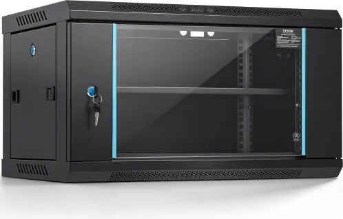 VEVOR 6U wandgemonteerde netwerkserverkast, 14,8 inch diep, serverrackbehuizing, max. 200 lbs. vloergemonteerd laadvermogen, met afsluitbare glazen deur en zijpanelen, voor IT-apparatuur, audiovisuele apparatuur