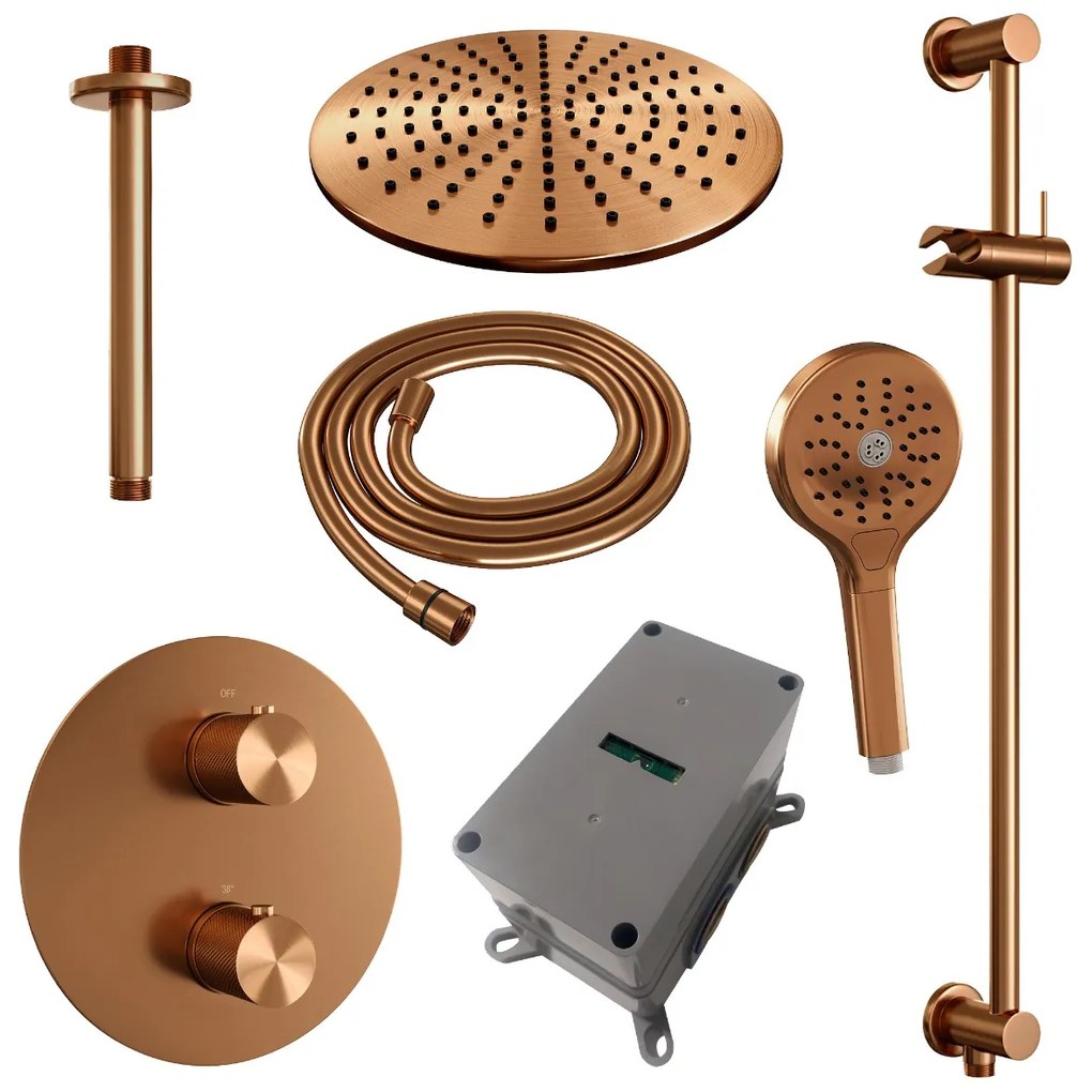 Brauer Copper Carving thermostatische inbouw regendouche met 3 standen handdouche, plafondarm, glijstang en hoofddouche 30cm set 96 koper geborsteld PVD