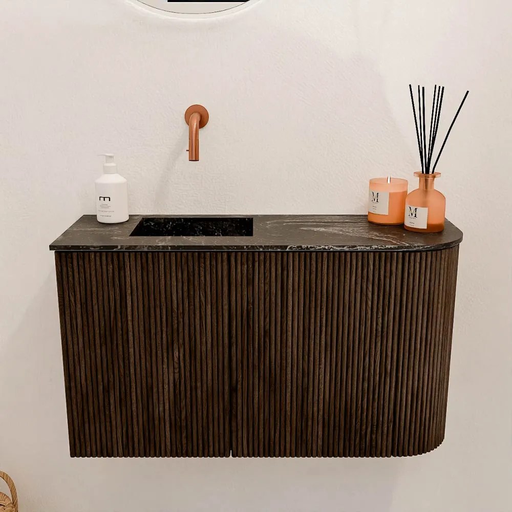 Mondiaz Joya DLux 70cm toiletmeubel ronding rechts walnut met wastafel faye links zonder kraangat lava