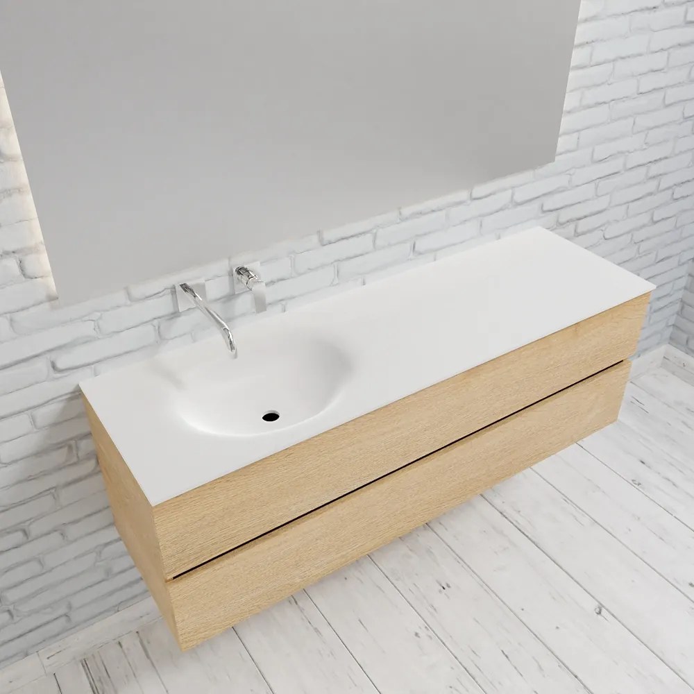 Zaro Sevilla Solid Surface badmeubel 150cm licht eiken zonder kraangat spoelbak links met 2 lades